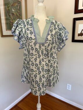 Entro Floral Ruffle V-Neck Tunic in Green and Blue NWT XL